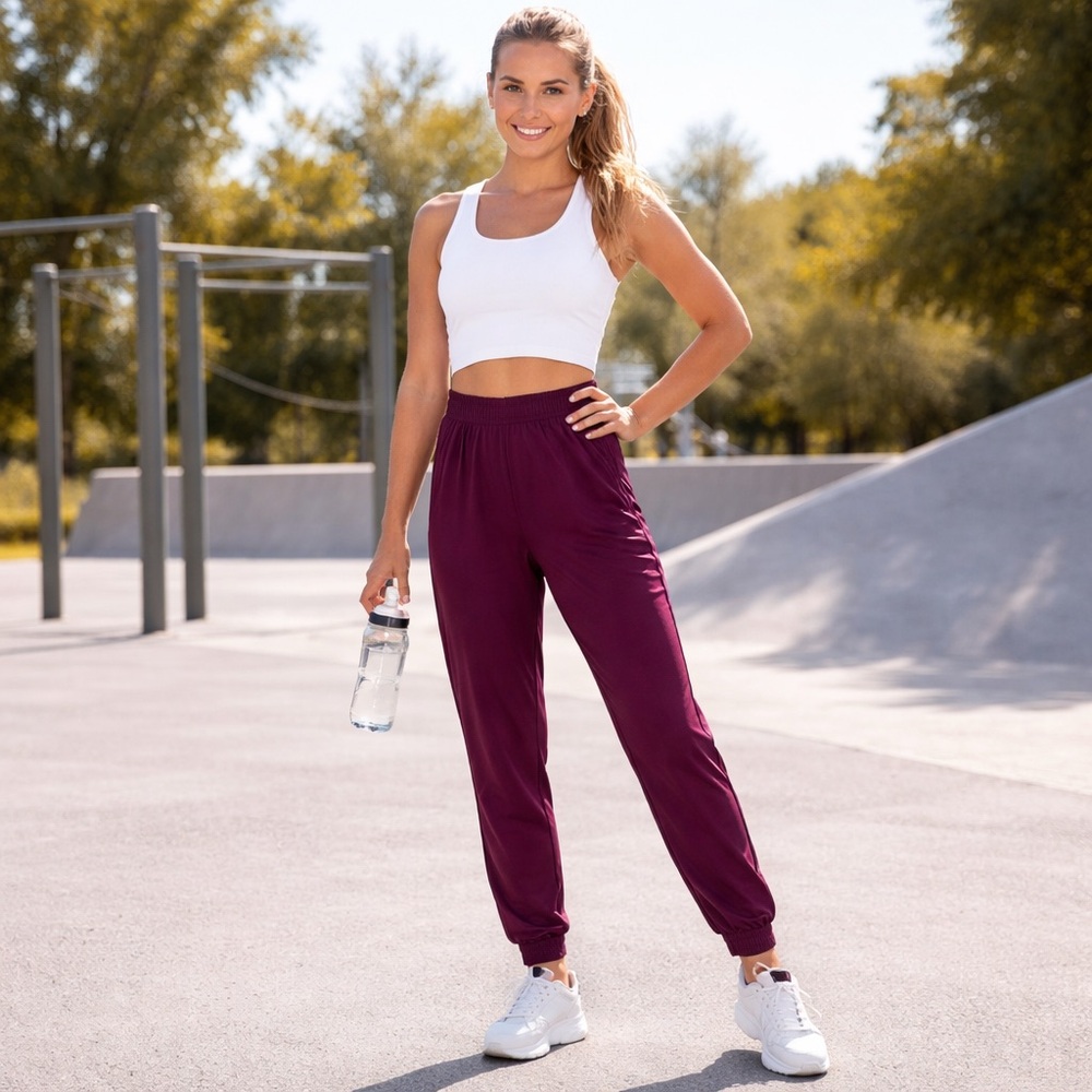NWT HALARA Women’s Medium Red Berry Drawstring Pockets Joggers Yoga Silky Pants